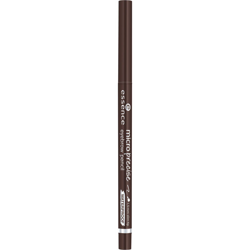 Brown eyebrow pencil with a fine tip, labeled "Microprecise Pencil 03" by essence, featuring a waterproof formula and a sleek design.