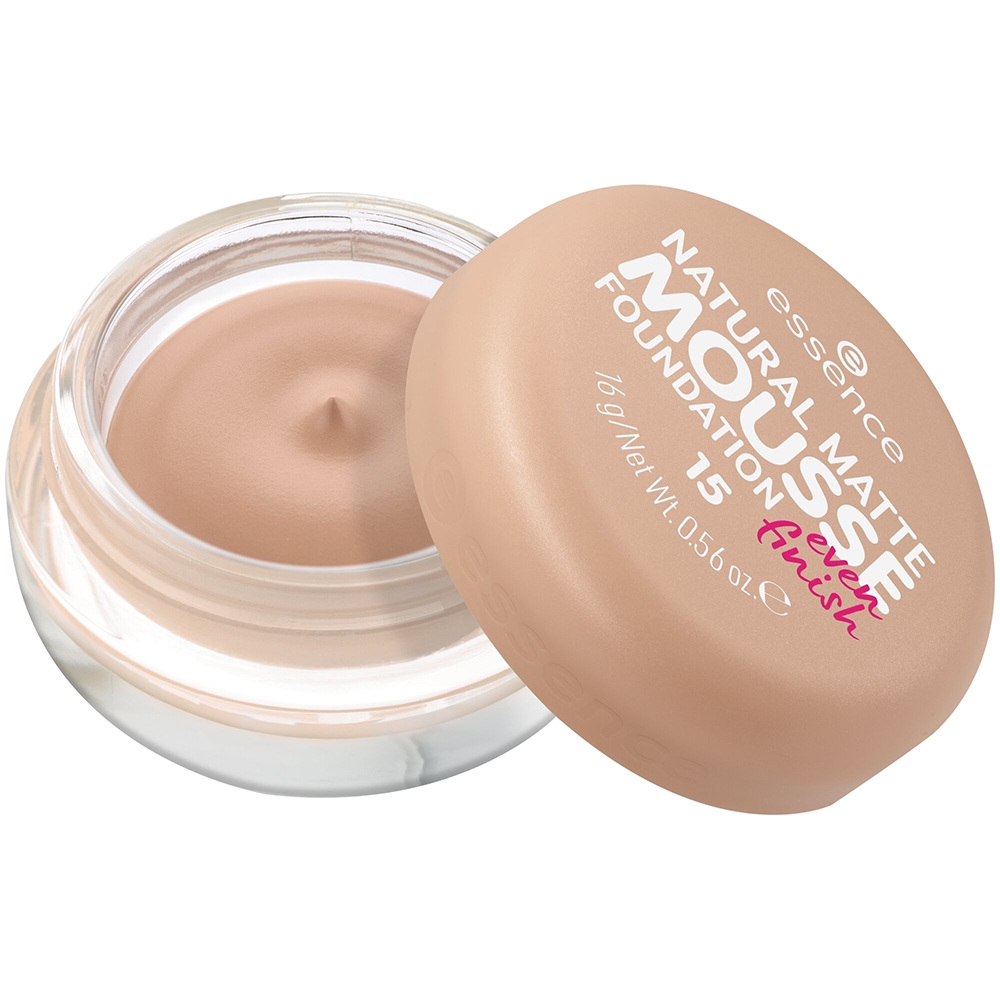 Natural Matte Mousse Makeup Base #15 in a clear jar with a beige mousse texture, featuring a pink and white label with the product name and brand logo.