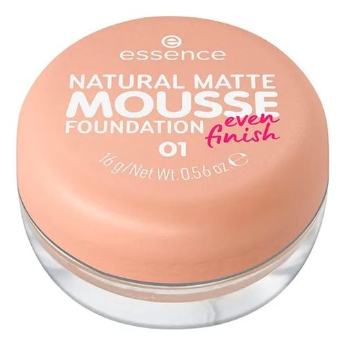 Natural matte foaming makeup base in a round, peach-colored container with a clear bottom, labeled "Essence" and "Mousse Foundation" in pink text, 16g.
