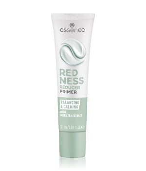 Essence Redness Reducer Anti-redness Primer in a 30 ml white tube with a light green label, featuring the text "REDNESS REDUCER" and "Balancing & Calming" with a swirl design.