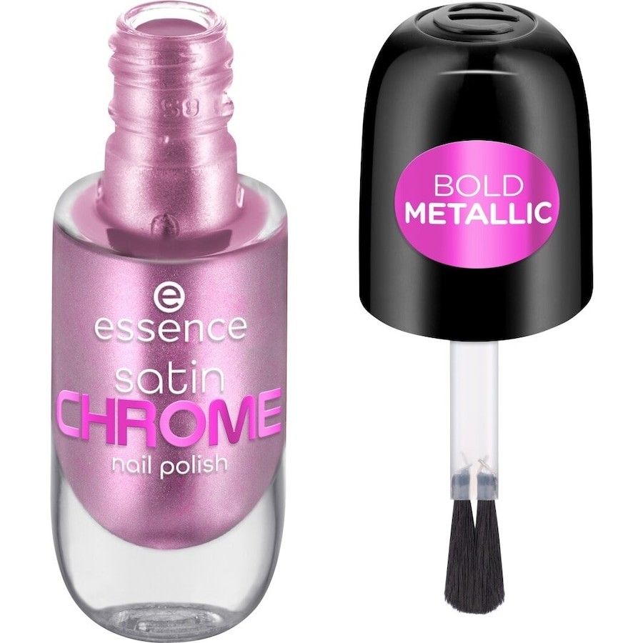 Satin chrome nail polish in a 8 ml bottle, featuring a metallic rose color with a black cap labeled "BOLD METALLIC" and a flat brush applicator.