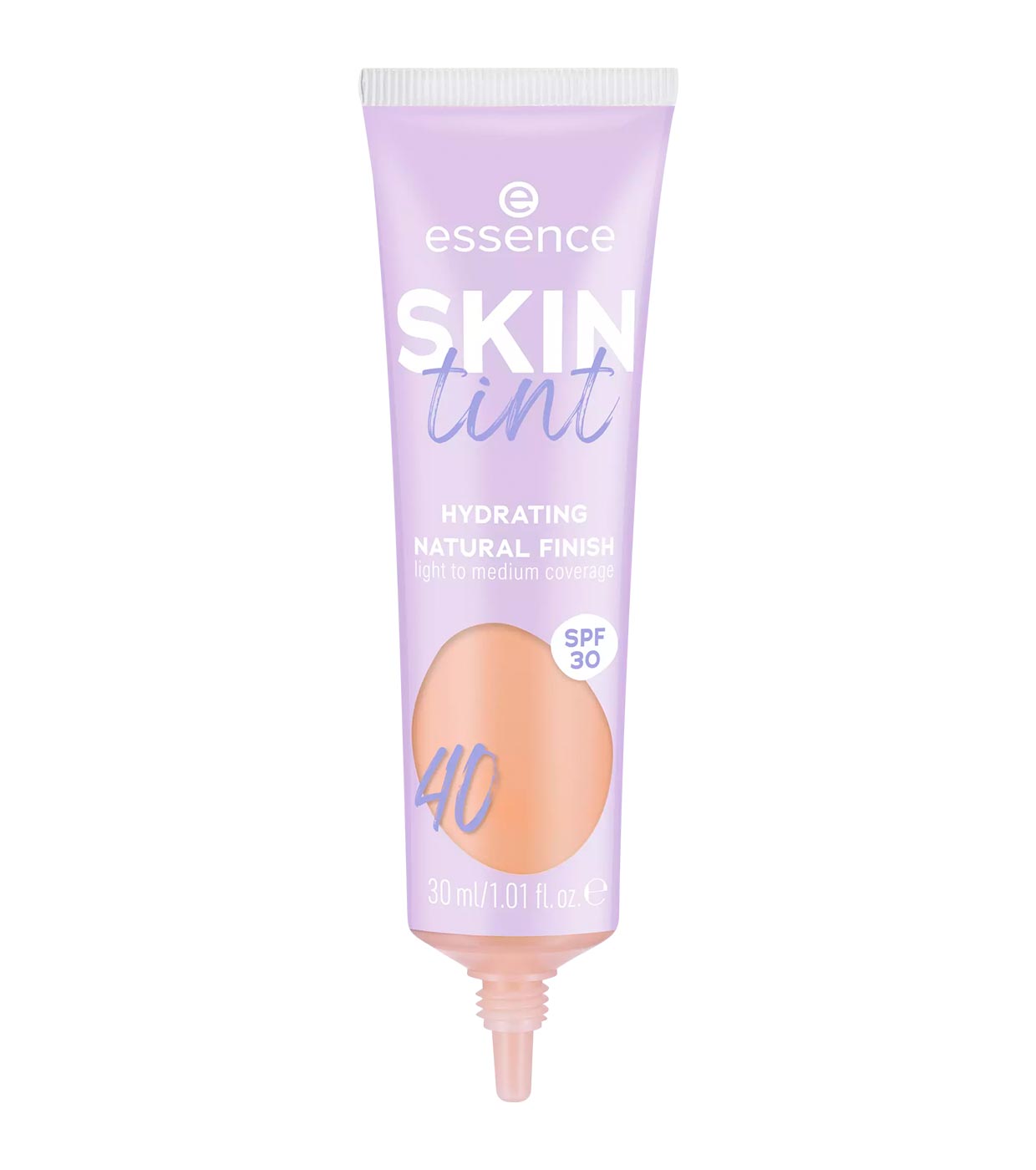 Lavender tube of Essence Skin Tint with a light peach shade, labeled "40," featuring hydrating natural finish and SPF 30, 30 ml size.
