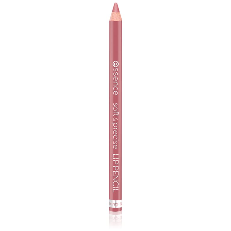 Soft pink lip pencil with a sharpened tip, featuring a sleek, transparent casing and a white label with the essence logo and product name.