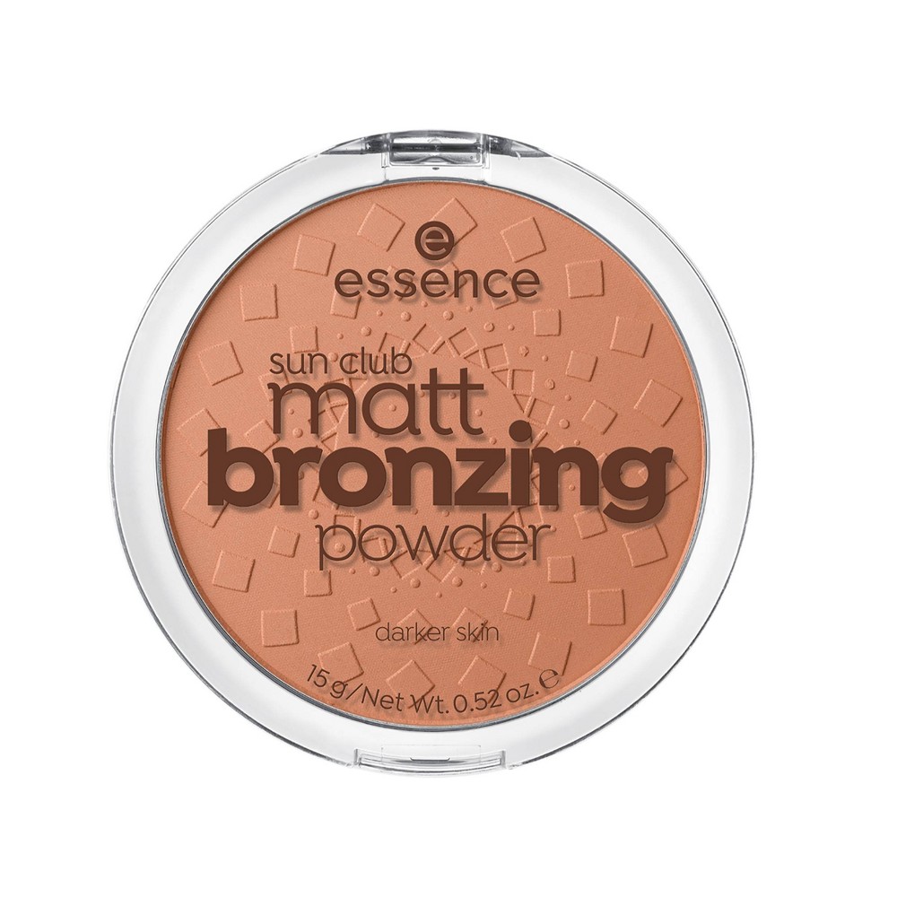 Matt bronzing powder in a clear compact, featuring a textured surface, warm orange-brown shade labeled "02 Sunny," and bold black text reading "matt bronzing powder."