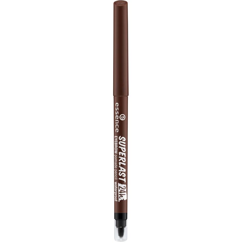 Brown waterproof eyebrow pomade pencil with a fine tip and a retractable design, labeled "Essence SUPERLAST 24h" in white text on the side.