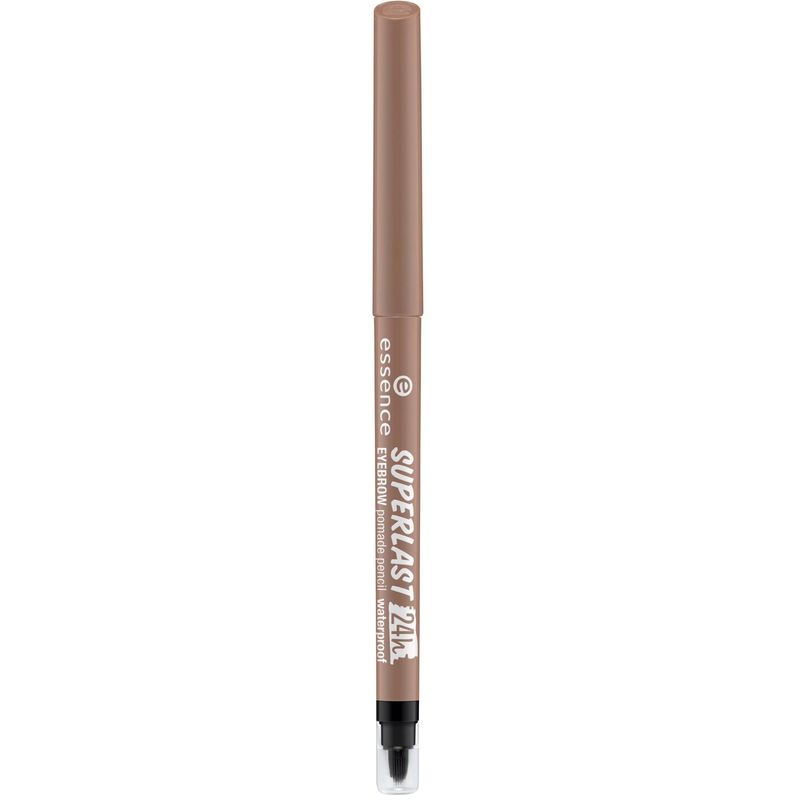 Essence SUPERLAST 24h Waterproof Brow Pencil in shade 10, featuring a slim, retractable design with a soft brown color and a built-in brush for precise application.