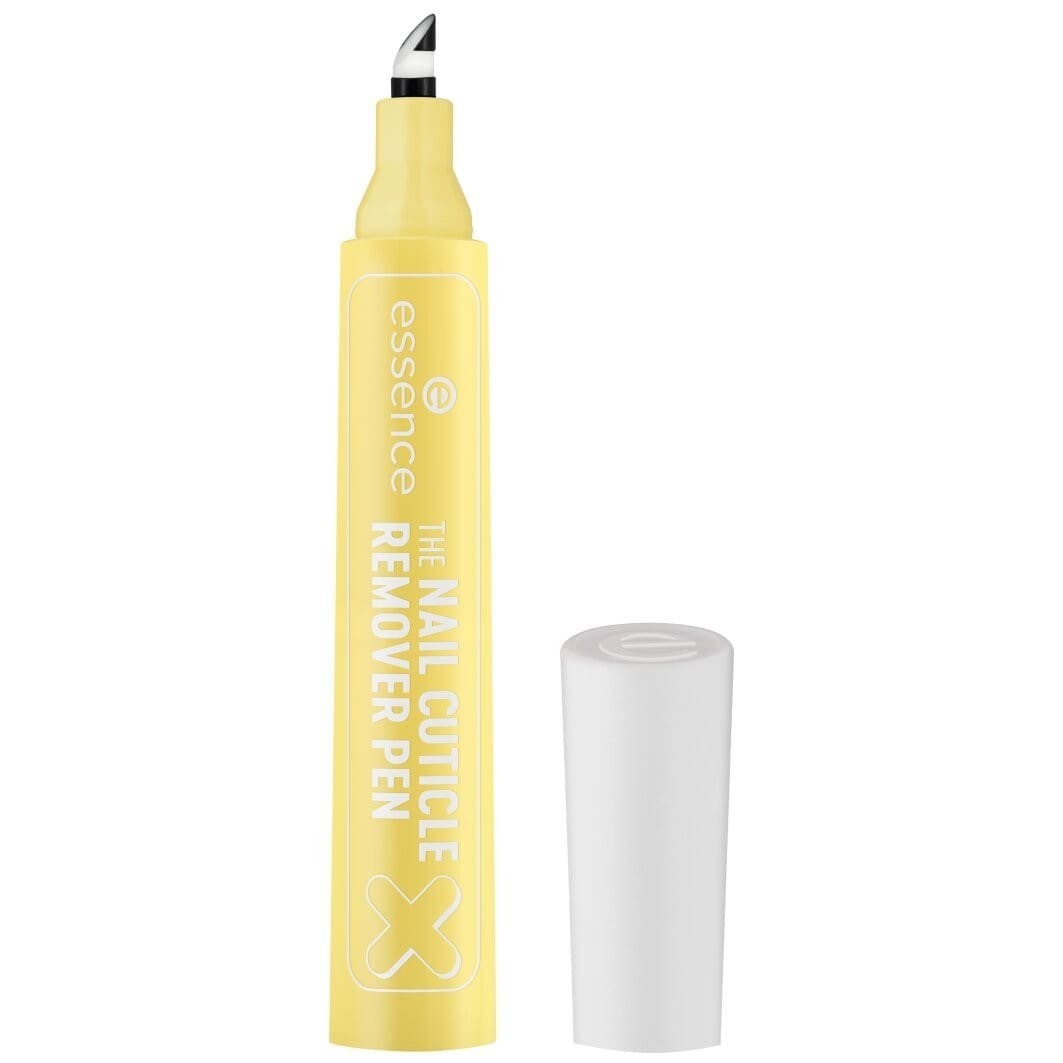 Yellow cuticle remover pen with a fine tip for precise application, featuring a white cap and labeled "The Nail Cuticle Remover Pen" by essence.
