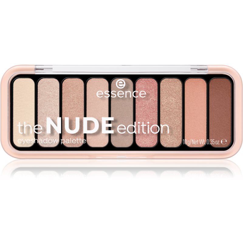 Essence the Nude Edition Eyeshadow Palette features ten neutral shades in a sleek, rectangular case, with a mix of matte and shimmer finishes, ideal for versatile eye looks.
