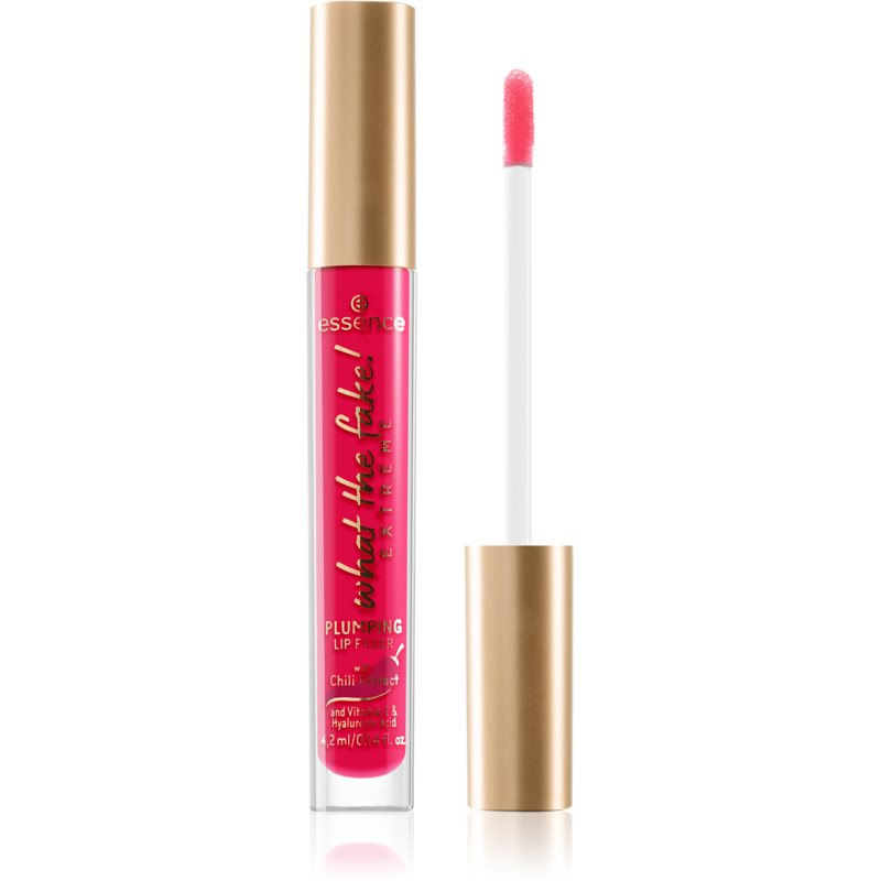 Bright pink lip filler in a clear tube with a gold cap, featuring a doe-foot applicator, labeled "Essence What the Fake Extreme Plumping Lip Filler with Chilli Extract."
