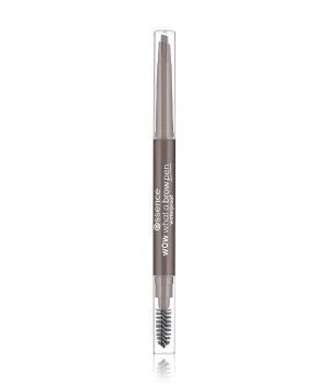 Waterproof brow pen in a sleek, clear tube with a grayish-brown tip and a built-in spoolie brush for blending, labeled "Essence Wow What a Brow."