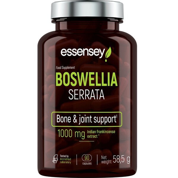 Dark brown bottle with a black lid, labeled "Essensey Boswellia Serrata" in white and green text, highlighting "Bone & Joint Support" and "1000 mg" with 90 capsules inside.