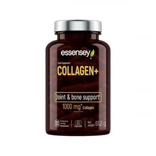 Dark brown bottle with a black lid, labeled "Essensey Collagen+" in bold yellow and white text, containing 90 capsules for joint and bone support, weighing 612.9 grams.