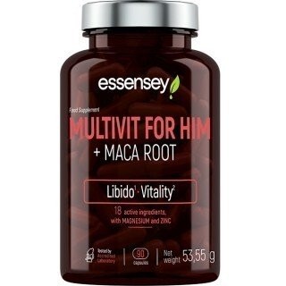 Dark brown plastic bottle with a black cap, labeled "Essensey Multivit for Him + Maca Root," featuring a green logo and highlighting benefits like "Libido" and "Vitality."