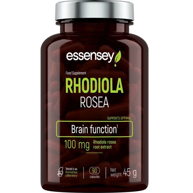 Dark brown bottle with a silver cap, labeled "Essensey Rhodiola Rosea," containing 90 red capsules, highlighting "Brain function" and "100 mg" on the front.
