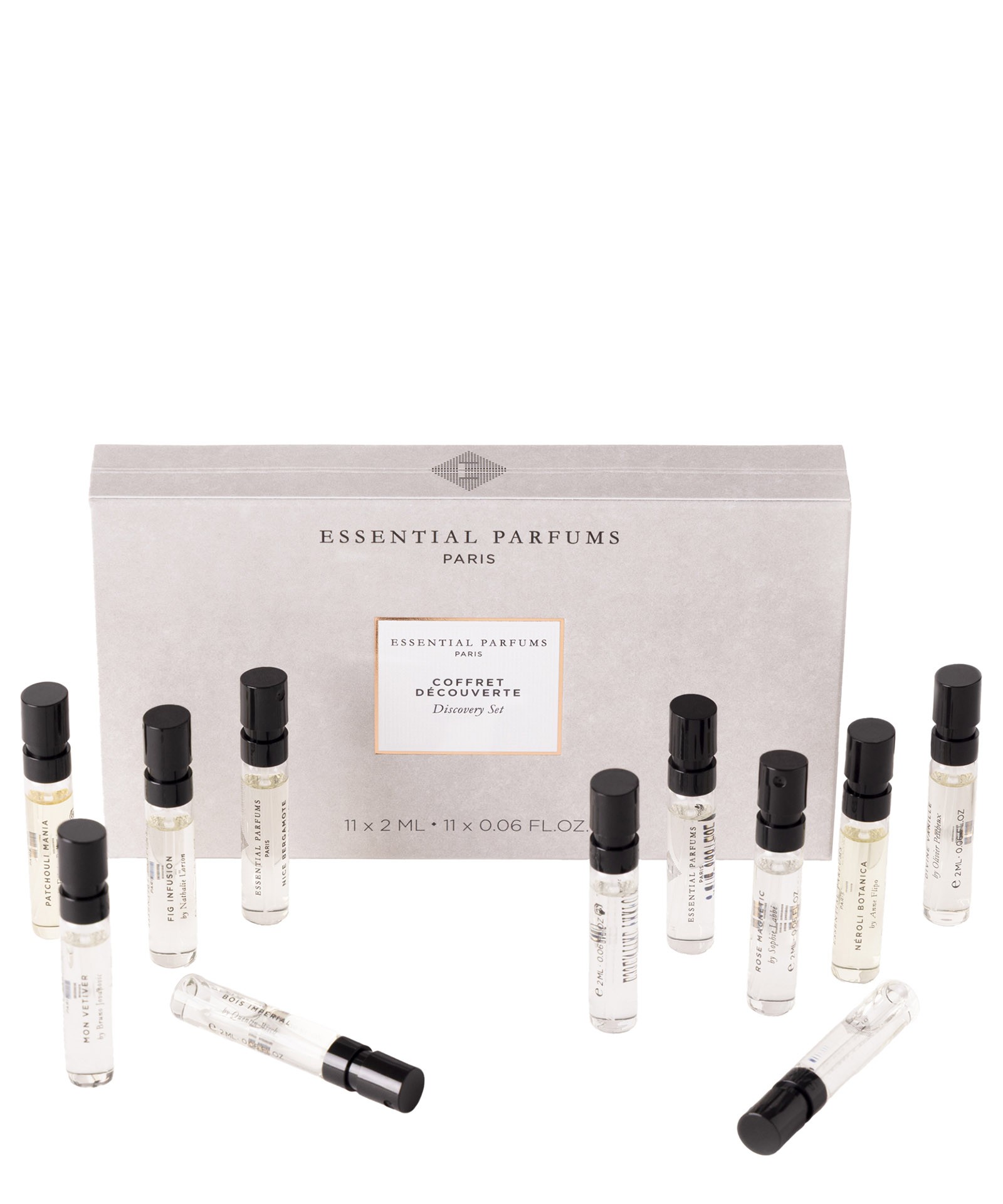 Essential Parfums Discovery Set features a sleek gray box with a minimalist design, containing 11 glass vials of perfume, each labeled and varying in clear and colored liquids.