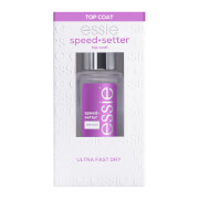Clear bottle of essie Speed Setter Top Coat with a silver cap, featuring a purple label that highlights "Ultra-Fast Dry" and "Speed-Setter" in bold text.