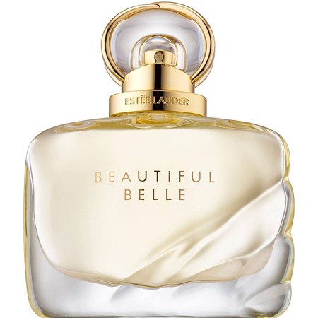 Clear glass bottle with a curved design, featuring a gold cap, labeled "BEAUTIFUL BELLE" in elegant lettering, containing light yellow Eau De Parfum.