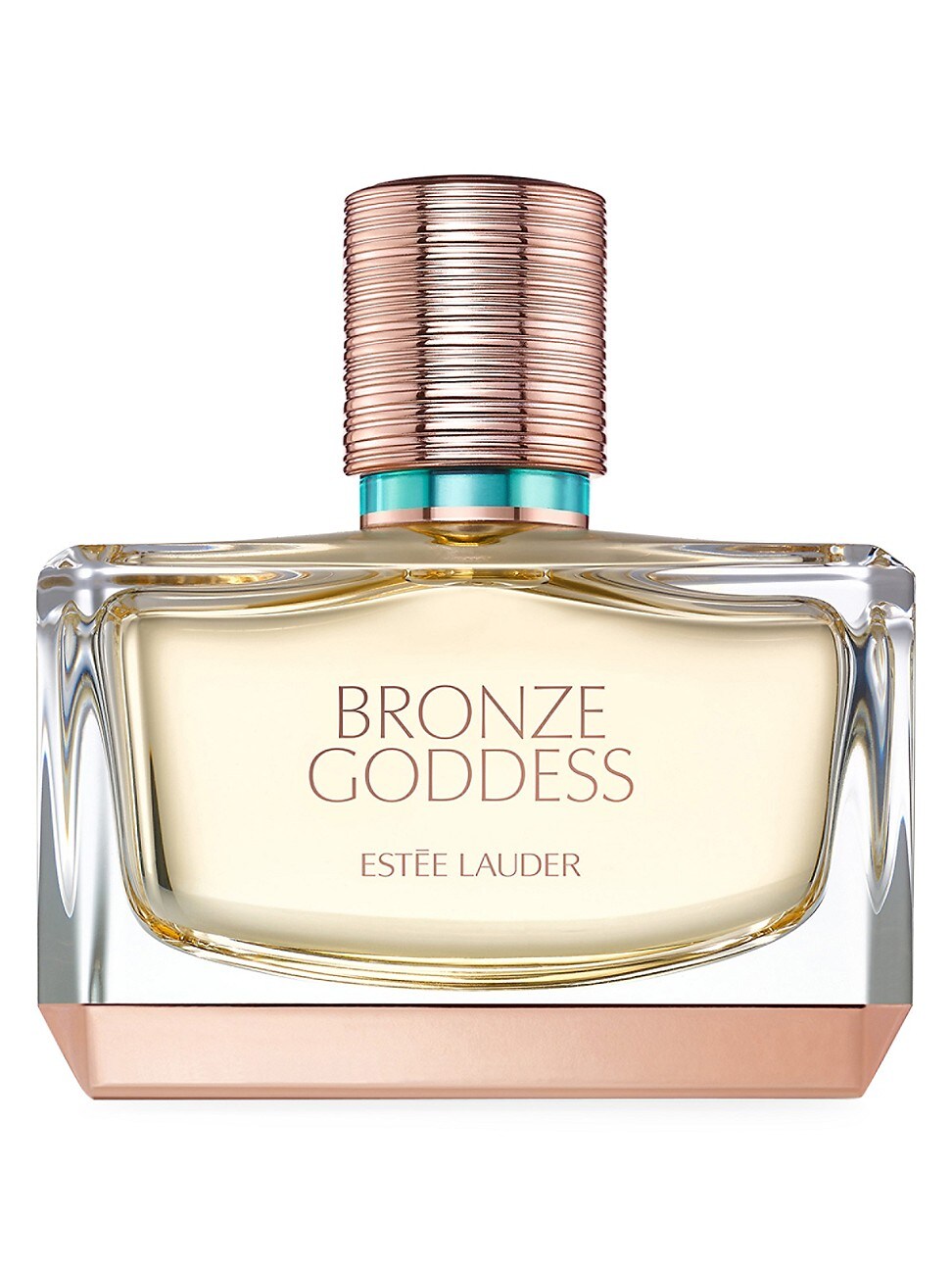 Clear glass bottle with a gold liquid, featuring a rose gold ribbed cap and turquoise accent, labeled "BRONZE GODDESS" by Estée Lauder, exuding a floral fragrance.