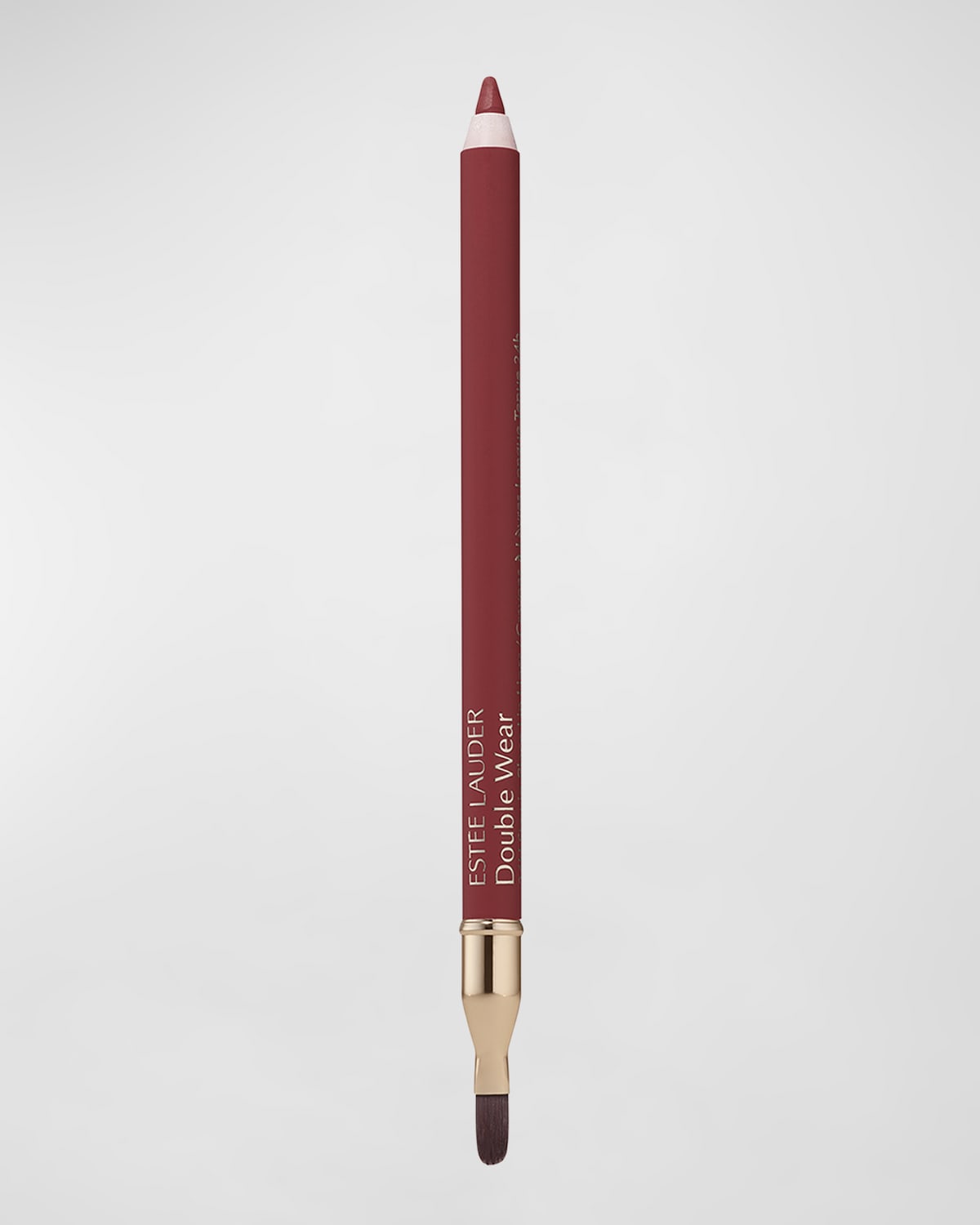 Estée Lauder Double Wear 24H lip liner in shade 17 Mauve, featuring a slim pencil design with a burgundy color and a built-in brush on one end.