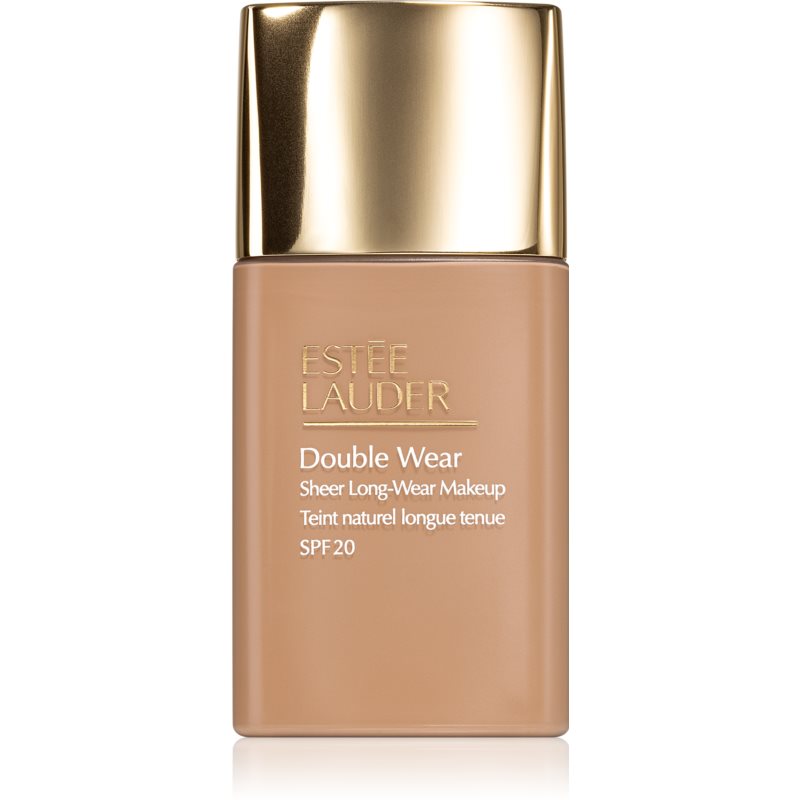 Estee Lauder Double Wear Sheer Long Lasting Foundation in a 30ml glass bottle, featuring a gold cap and labeled "4N2 Spiced Sand," with SPF 20 for sun protection.