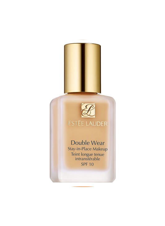 Glass bottle of Estée Lauder Double Wear Stay-in-Place Makeup in 1W0 Warm Porcelain, featuring a gold cap and label, with a light beige liquid inside.