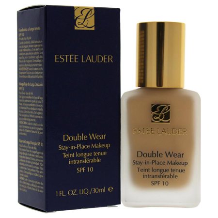 Estee Lauder Double Wear Fluid in a 30ml glass bottle with a beige liquid, featuring a gold logo and black box packaging, labeled for long-lasting makeup and SPF 10.