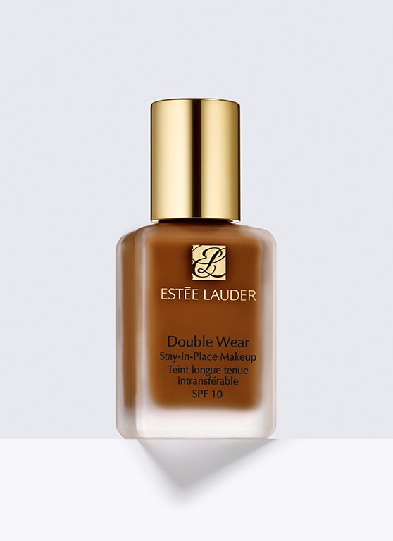 Brown glass bottle with a gold cap, labeled "Estee Lauder Double Wear Stay-in-Place Makeup SPF10 6C2 Pecan," containing 30ml of foundation.