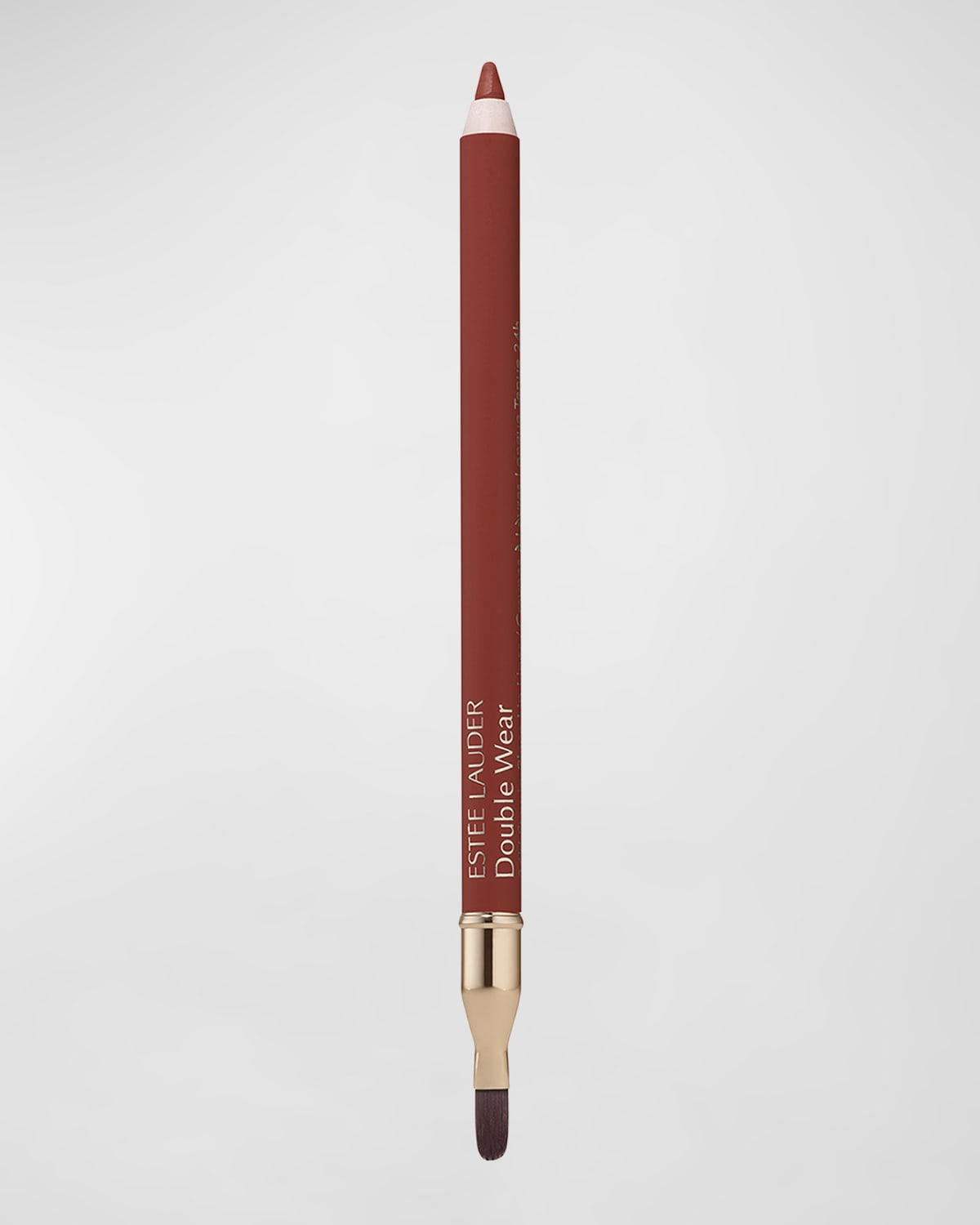Red lip liner pencil with a gold cap and a blending brush tip, labeled "Estee Lauder Double Wear" in elegant font, set against a light gray background.