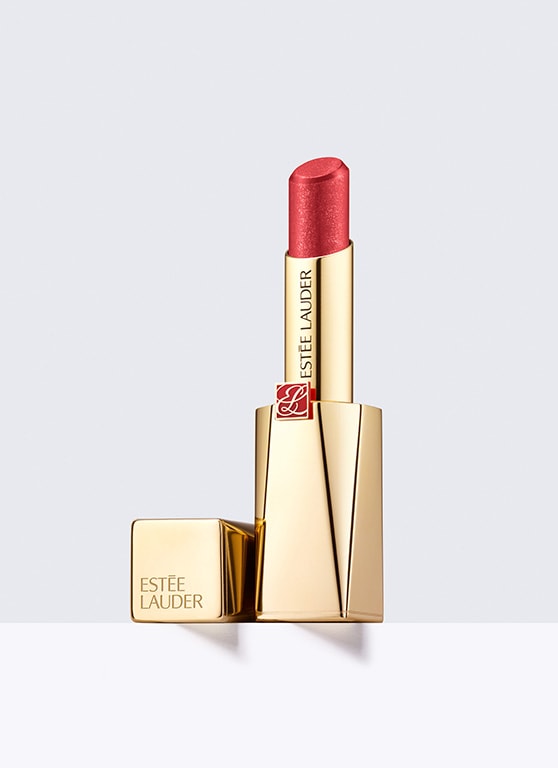 Estee Lauder Pure Color Desire lipstick in shade 213 Touch Me, featuring a sleek gold tube with a shimmering rose-pink cream finish.