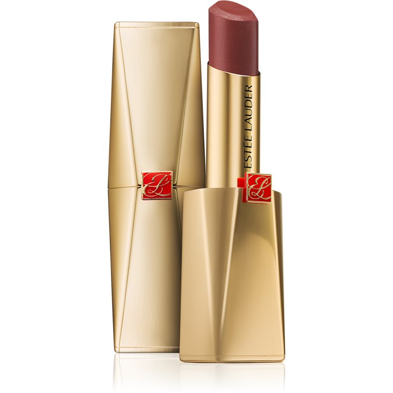 Pure Color Desire Rouge Excess Lipstick in #412 Unhinged features a chrome-finish gold tube with a sleek design, showcasing a rich mauve lipstick bullet.