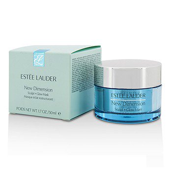 A turquoise jar with a silver lid, labeled "Estee Lauder New Dimension Sculpt + Glow," sits beside a light blue box, both featuring elegant branding and product details.