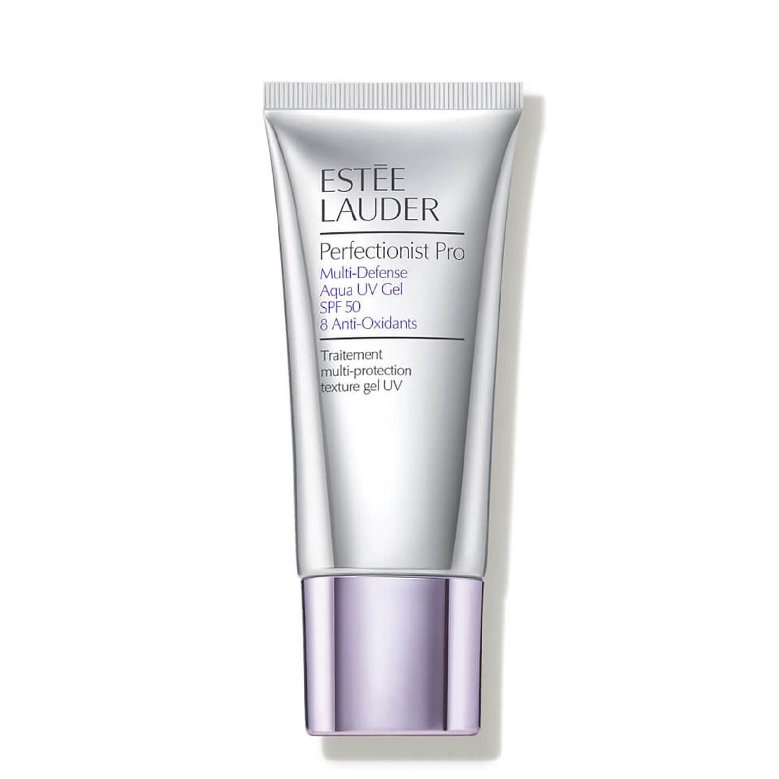 Silver tube of Estée Lauder Perfectionist Pro Multi-Defense UV Gel, featuring a sleek design, purple accents, and labeled SPF 50 with anti-oxidants for sun protection.