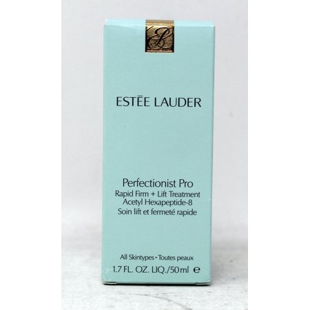 Light blue box with gold accents, featuring the Estée Lauder logo and product name, "Perfectionist Pro Rapid Firm + Lift Treatment," for all skin types, 50ml size.