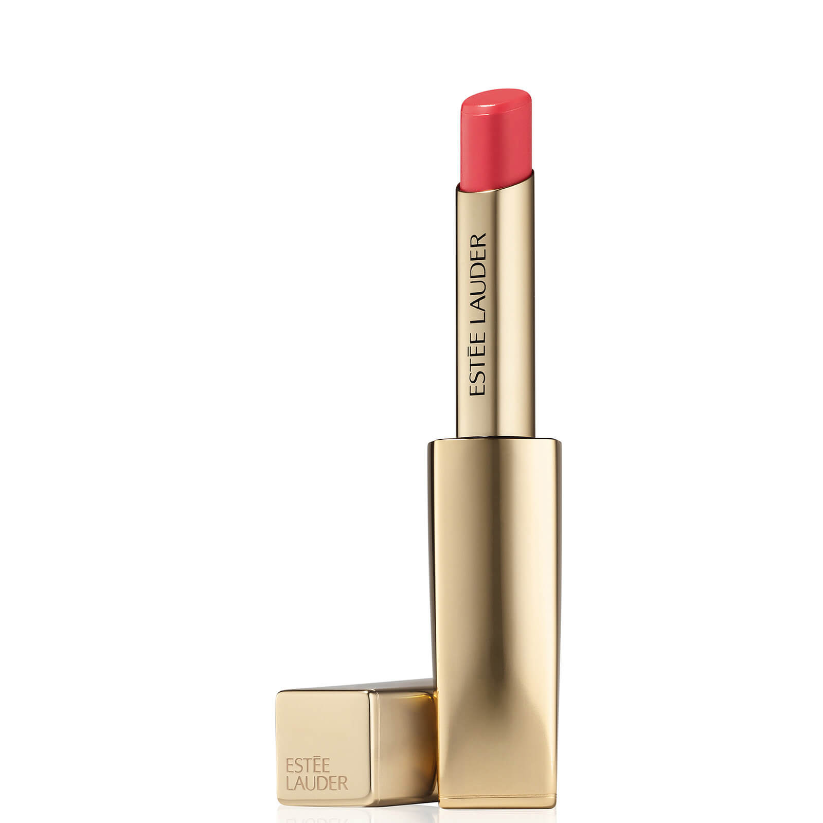 Bright pink cream lipstick in a sleek gold tube with the Estée Lauder logo, showcasing a smooth, shiny finish and a twist-up applicator.