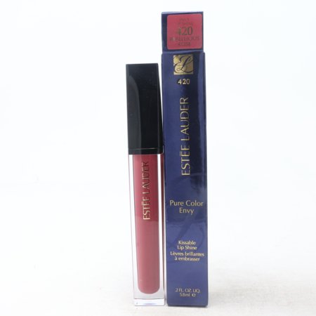 Estée Lauder Pure Color Envy Kissable Lip Shine in Rebellious Rose, featuring a sleek clear tube with a dark pink gloss and a navy blue box with gold lettering.