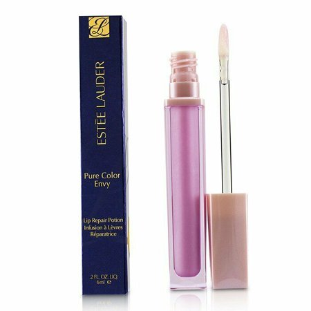 Estée Lauder Pure Color Envy Lip Repair Potion in a clear pink tube with a soft applicator, alongside a dark blue box featuring gold lettering.