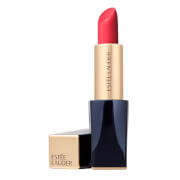 Bright red lipstick in a sleek gold and navy case, featuring a sculpted bullet design, labeled "556 Thriller" by Estée Lauder.