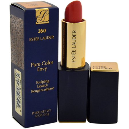 Estée Lauder Pure Color Envy lipstick in shade 260 Eccentric, featuring a bold red color, housed in a sleek gold and navy tube with a matching box.