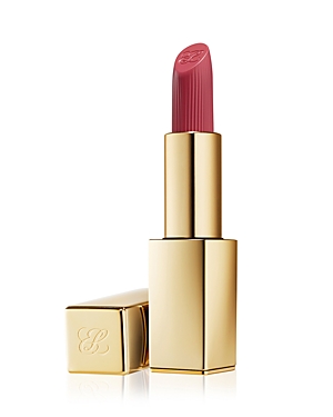 Estee Lauder Pure Color Hi-Lustre Lipstick in a sleek gold tube, featuring a soft pink shade with a ribbed texture on the lipstick bullet.