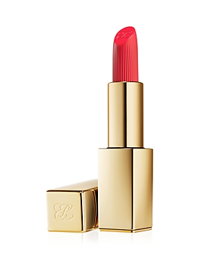 Estee Lauder Pure Color Lipstick in #330 Impassioned features a vibrant red hue, housed in a sleek gold tube with a signature logo, and is refillable for eco-friendly use.