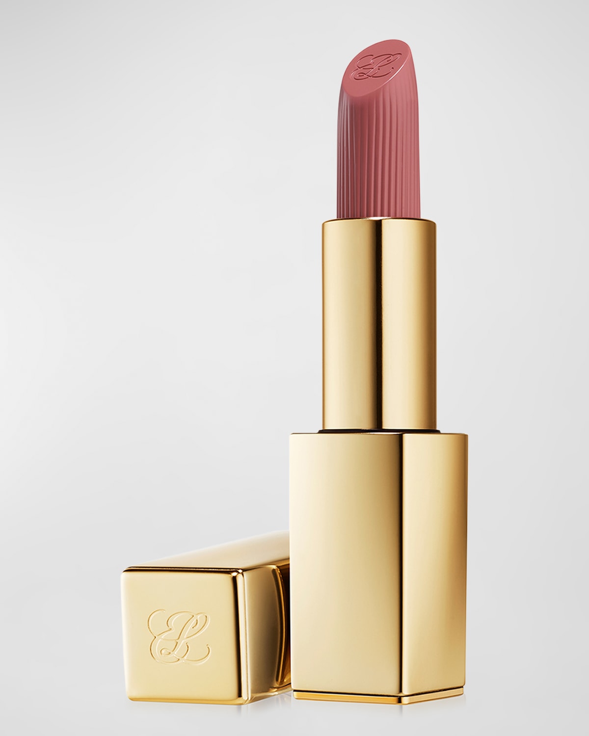 Estée Lauder Pure Color Cream Lipstick in Intense Nude, featuring a sleek gold tube with a textured cap and a soft, muted pink lipstick bullet.