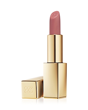 Estée Lauder Pure Colour Matte Lipstick in "Love Bite," featuring a sleek gold tube and a soft mauve shade, showcasing a matte finish and a textured lipstick tip.