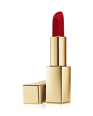 Estee Lauder PURE COLOR lipstick in shade 612 "Lead You," featuring a bold red color with a matte finish, housed in a sleek gold tube with the brand logo.
