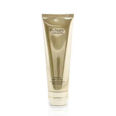 Gold tube of Estée Lauder Re-Nutriv Hydrating Foam Cleanser, 4.2 oz, featuring elegant branding and a sleek design, emphasizing luxury skincare.