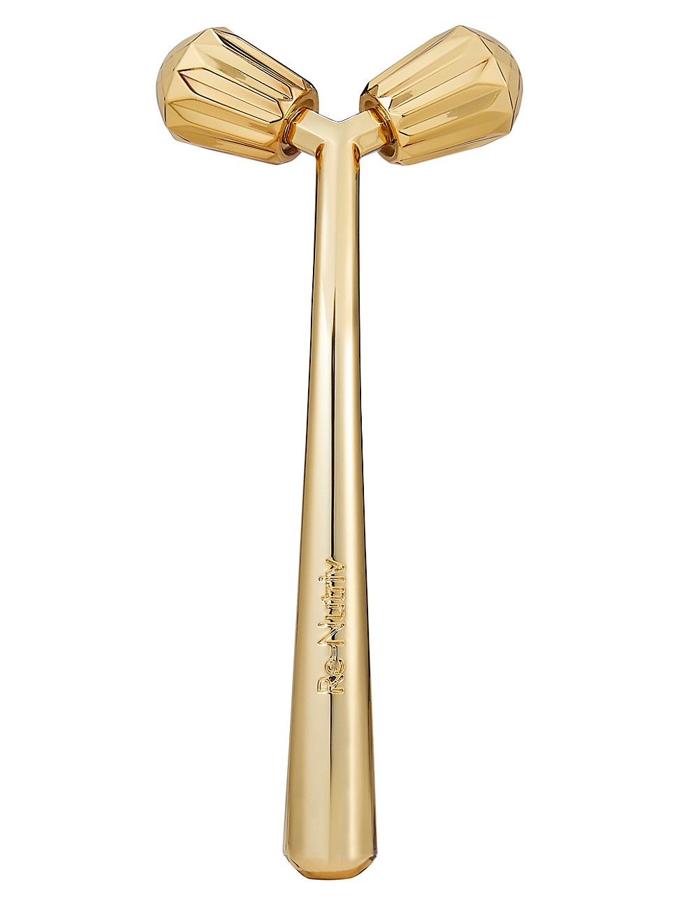 Gold-colored facial massager with a sleek, elongated handle and two textured, diamond-shaped rollers at each end, designed for sculpting and rejuvenating the face.