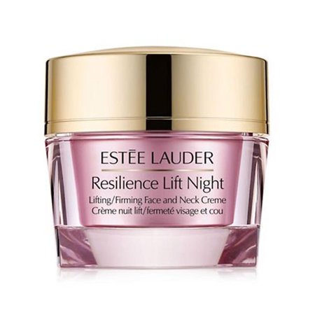 Pink glass jar with a gold lid, labeled "Estée Lauder Resilience Multi-effect Tri-peptide Night Face and Neck Creme," designed for all skin types, 50ml/1.7oz.
