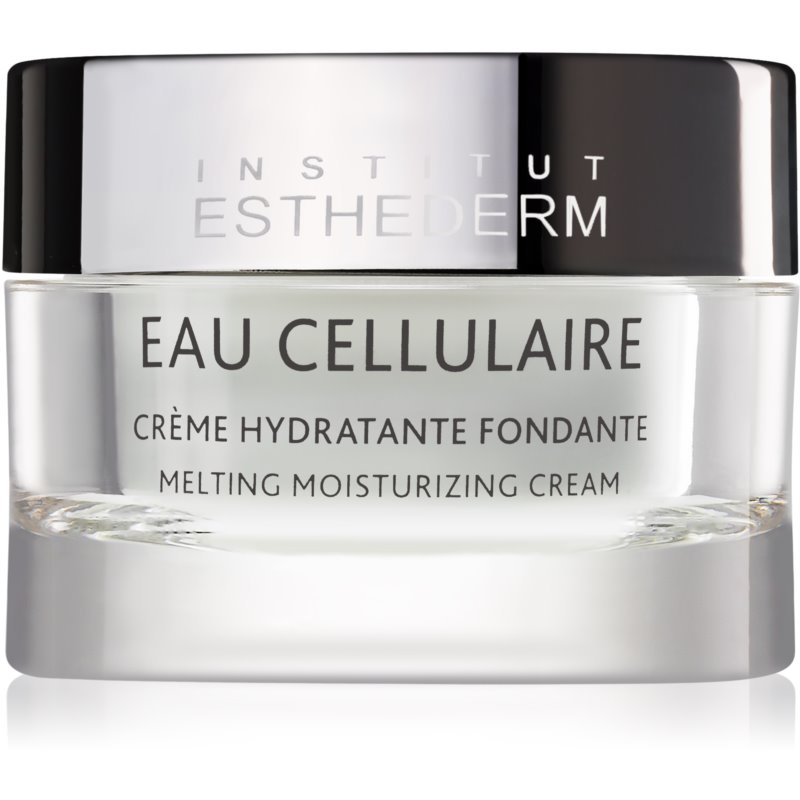 Clear glass jar with a silver lid, labeled "Institut Esthederm Cellular Water Cream," featuring a minimalist design and a 50 ml capacity for intensive moisturizing.