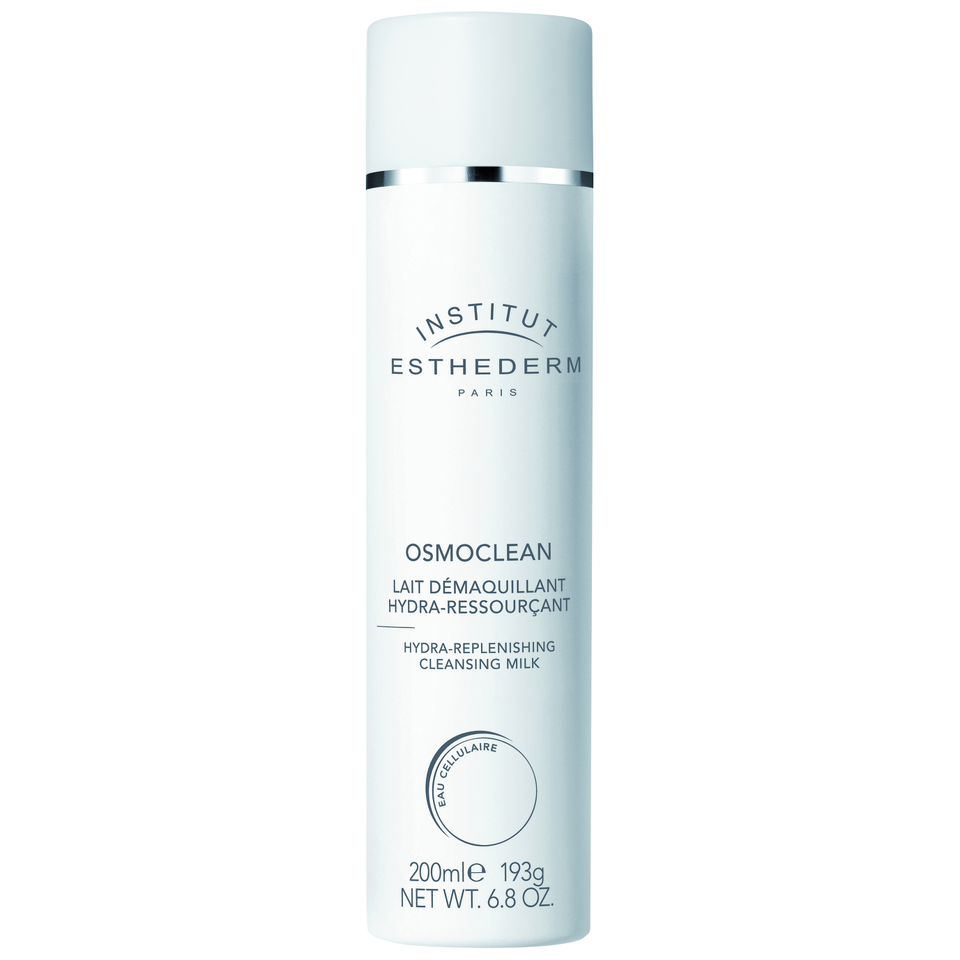 Light blue cylindrical bottle of Institut Esthederm Osmoclean Moisturizing Restorative Cleansing Milk, featuring white text and a silver cap, labeled 200ml.