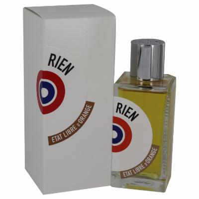 Clear glass perfume bottle with a silver cap, featuring a circular label with red, white, and blue accents, alongside a white box displaying the word "RIEN" in bold.
