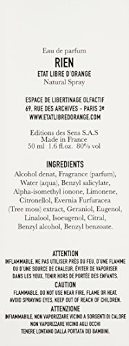 White and black rectangular box featuring the text "Rien" prominently, with details about the fragrance and ingredients listed, all set against a minimalist design.